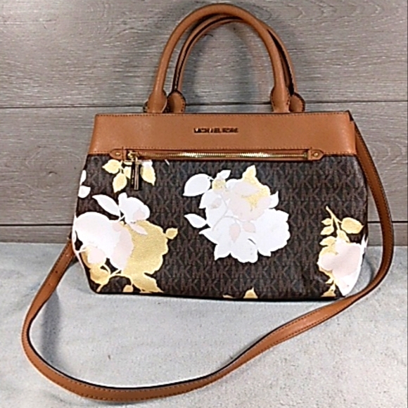 Michael Kors Floral Print Canvas & Leather Tote Satchel w/Brown MK Pattern Haile - Picture 1 of 12